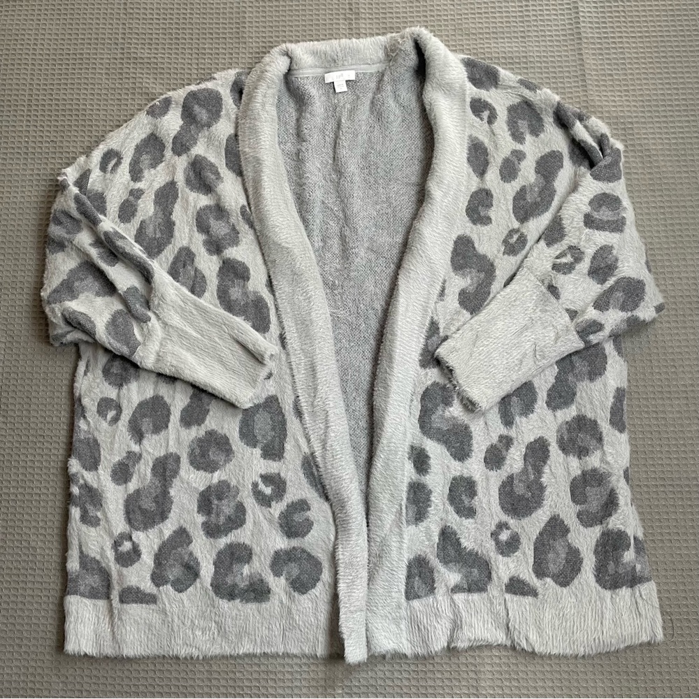 J.Jill Cardigan Sweater XLβ Fuzzy Cozy Ultra Soft Gray Leopard Print Open Front